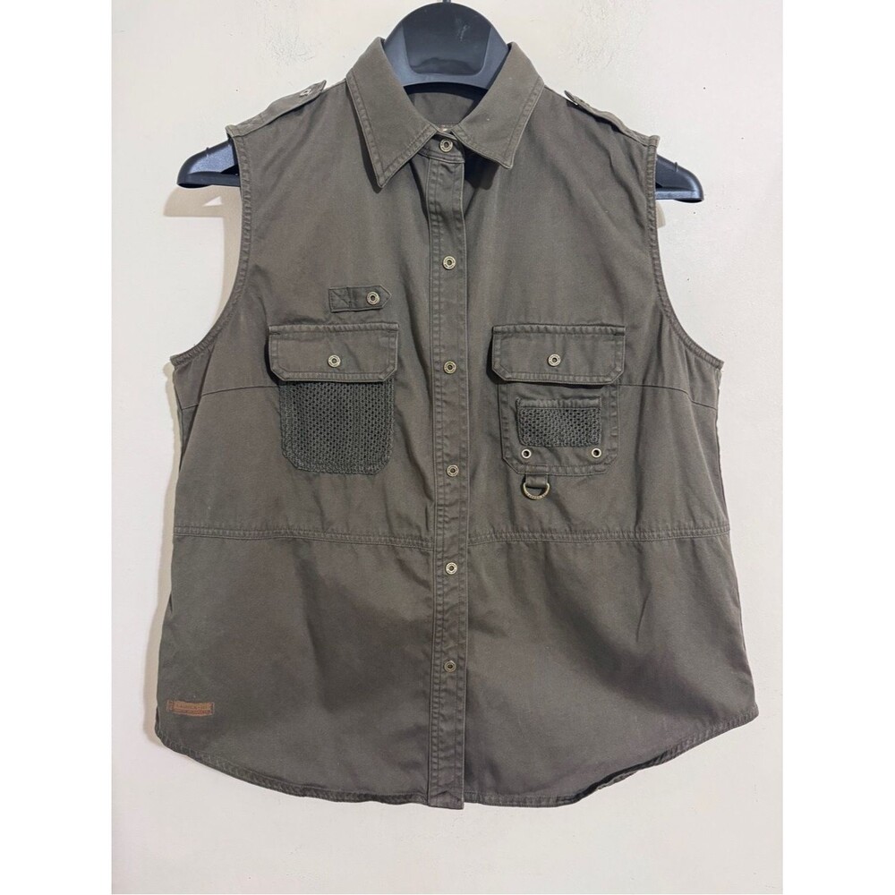 Y2K Ralph Lauren Olive Green Sleeveless Utility Button-Down Shirt size L Safari